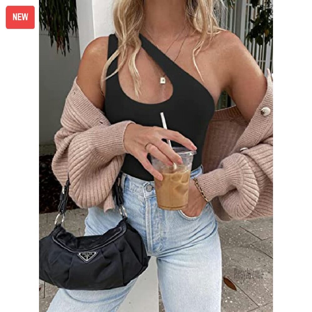 One Shoulder Plunge V Backless Bodysuit Tank Top Slimming Double Lined - Picture 5 of 8